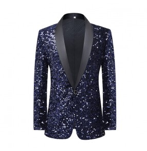 Men's youth young man navy sequined jazz dance blazers gogo dancer host piano singer choir stage performance shiny coats Music production jackets for man